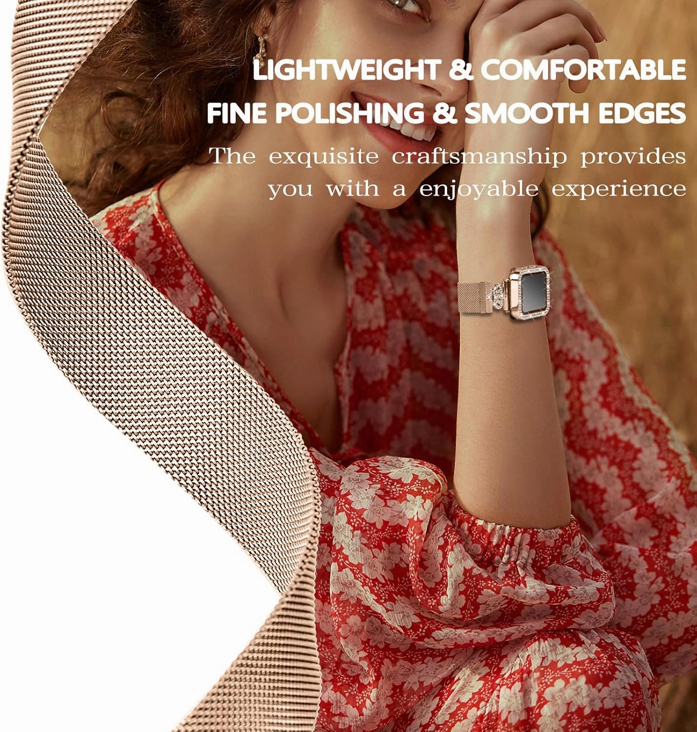 Magnetic Band Compatible with Apple Watch 38mm 40mm 41mm 42mm 44mm 45mm 46mm Stainless Steel Metal Strap with Bling Case and Built-in Screen Protector, Dressy Milanese Loop iWatch Bands for Women