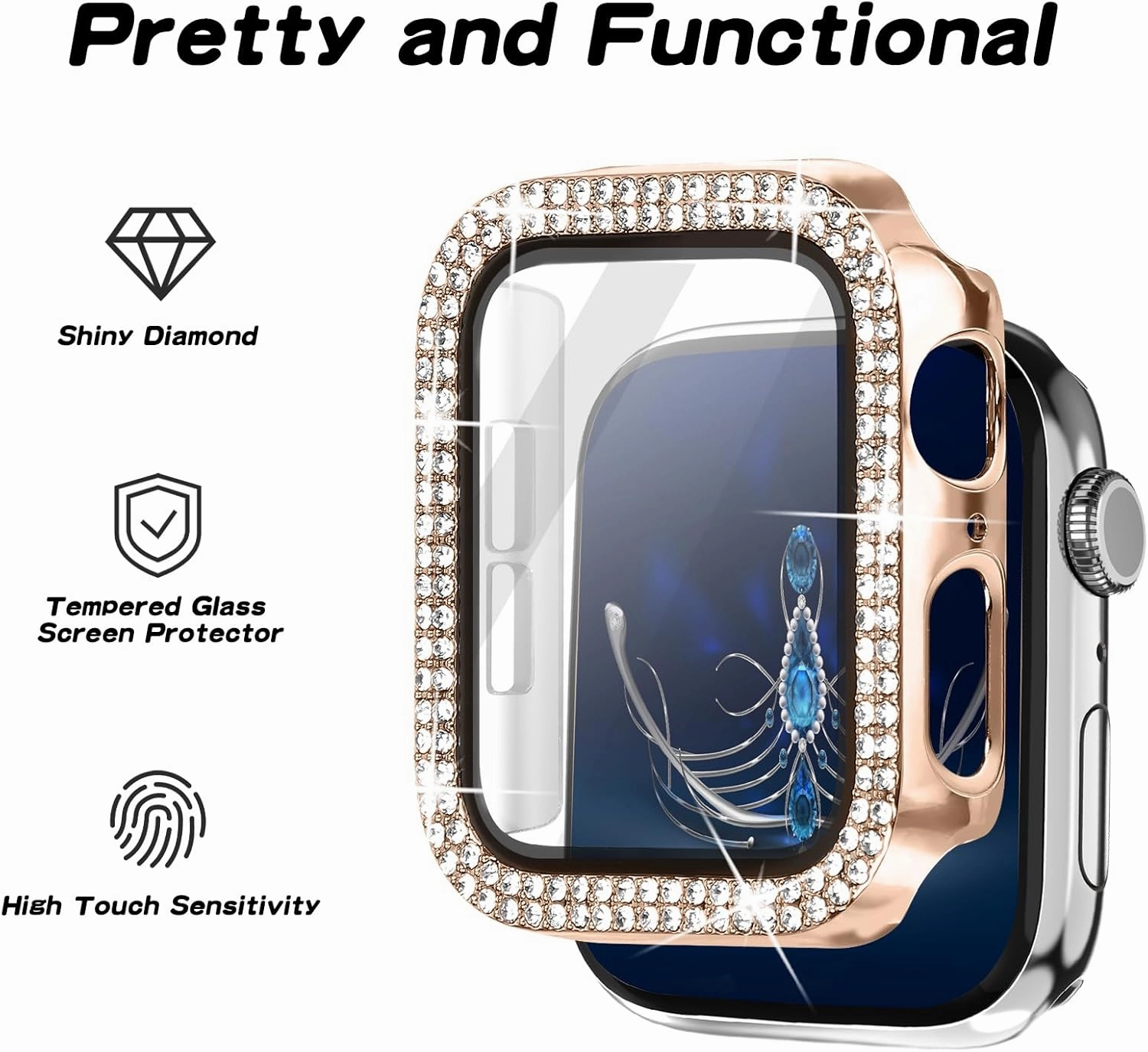 Magnetic Band Compatible with Apple Watch 38mm 40mm 41mm 42mm 44mm 45mm 46mm Stainless Steel Metal Strap with Bling Case and Built-in Screen Protector, Dressy Milanese Loop iWatch Bands for Women