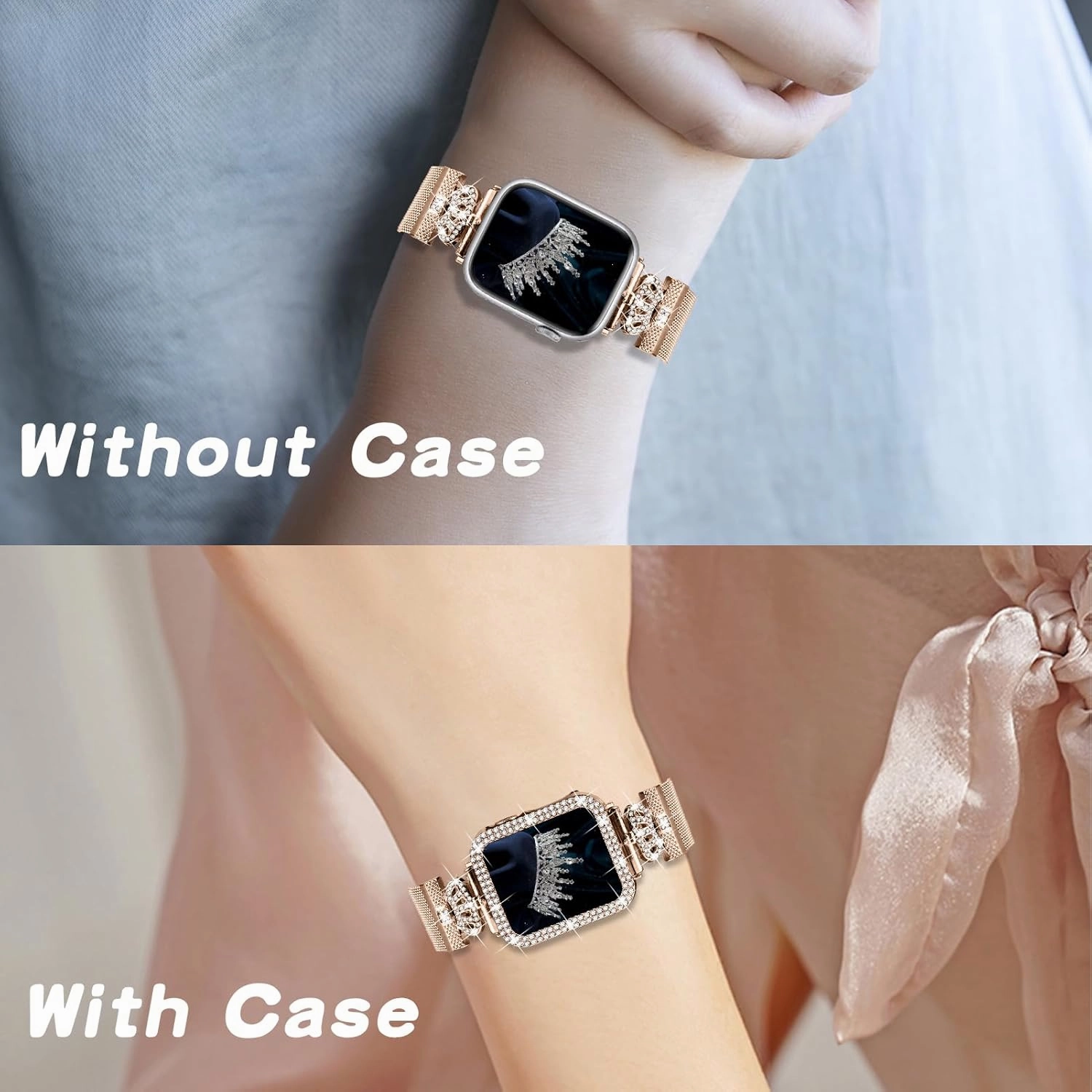 Magnetic Band Compatible with Apple Watch 38mm 40mm 41mm 42mm 44mm 45mm 46mm Stainless Steel Metal Strap with Bling Case and Built-in Screen Protector, Dressy Milanese Loop iWatch Bands for Women