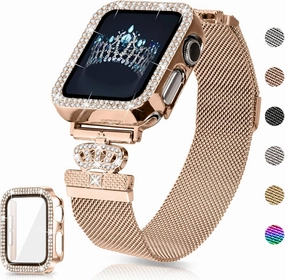 Magnetic Band Compatible with Apple Watch 38mm 40mm 41mm 42mm 44mm 45mm 46mm Stainless Steel Metal Strap with Bling Case and Built-in Screen Protector, Dressy Milanese Loop iWatch Bands for Women