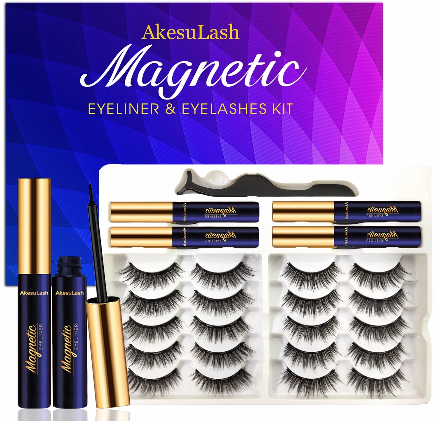 Magnetic Eyelashes - 10 Pairs 3D Medium Magnetic Lashes with Eyeliner Kit,Cruelty-Free & Vegan,Upgraded,Natural Look,Long Lasting,Reusable,With Applicator - Easy to Apply (4 Tube of Liner)