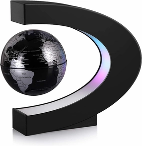 Magnetic Levitation Floating World Map Globe with C Shape Base, Best Business Men Gift, Floating Decoration Black Silver Globe with LED Lights, Fathers Students Teacher Birthday Gift