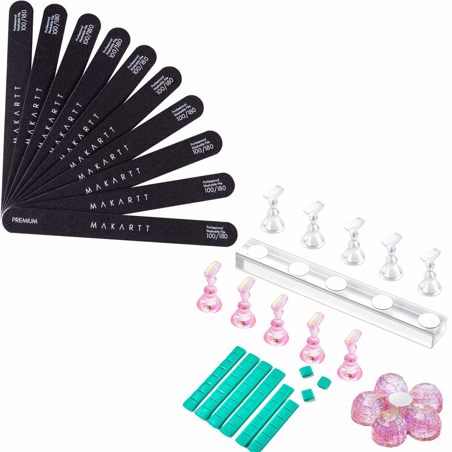 Makartt Nail File 100 180 Grit Emery Boards for Nails Bundle with Nail Stand for Press On Nails Display Practice Art Painting Magnetic Fake Nail Holder