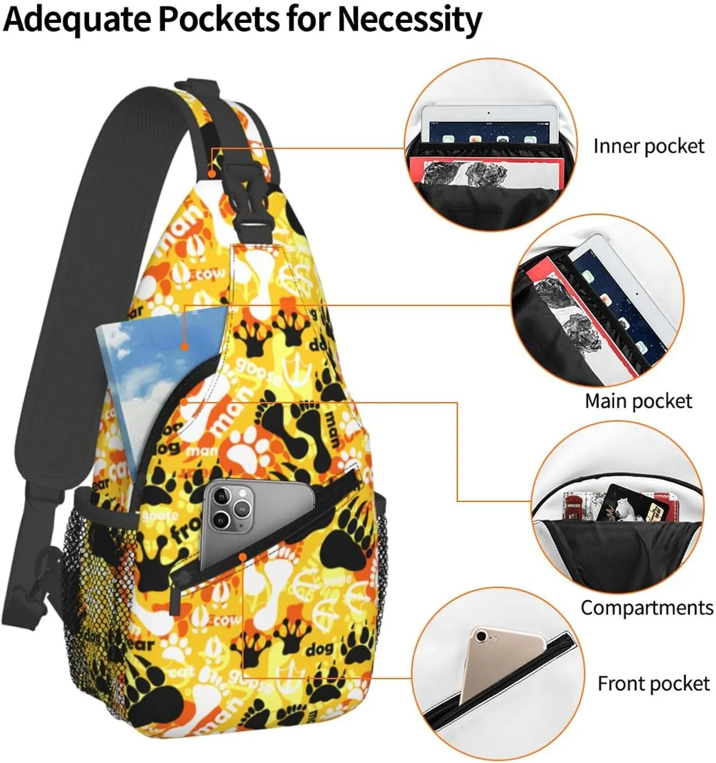 Man Cat Frog Dog Bear Goose Footprints Cross Chest Bag Diagonally Hiking Crossbody Bag Travel Shoulder Daypack Lightweight Sling Backpack Cycling Daypacks Fitness Chest Backpacks