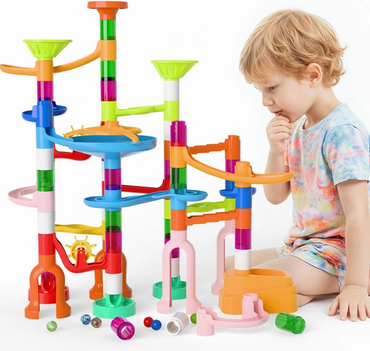 Marble Run, 135pcs Marble Maze Game Construction Building Toys for Kids, Marble Track Race Set STEM Learning Toys Gift for Boys Girls 3 4 5 6 7 8 9 10 