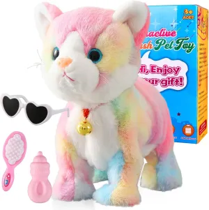 Marsjoy Colorful Robot Cat Plush Cat Stuffed Animal Interactive Cat Meow Kitten Touch Control, Electronic Cat Pet, Robotic Cat Cat Kitty Toy, Animated Toy Cats for Girls Baby Kids L:12""