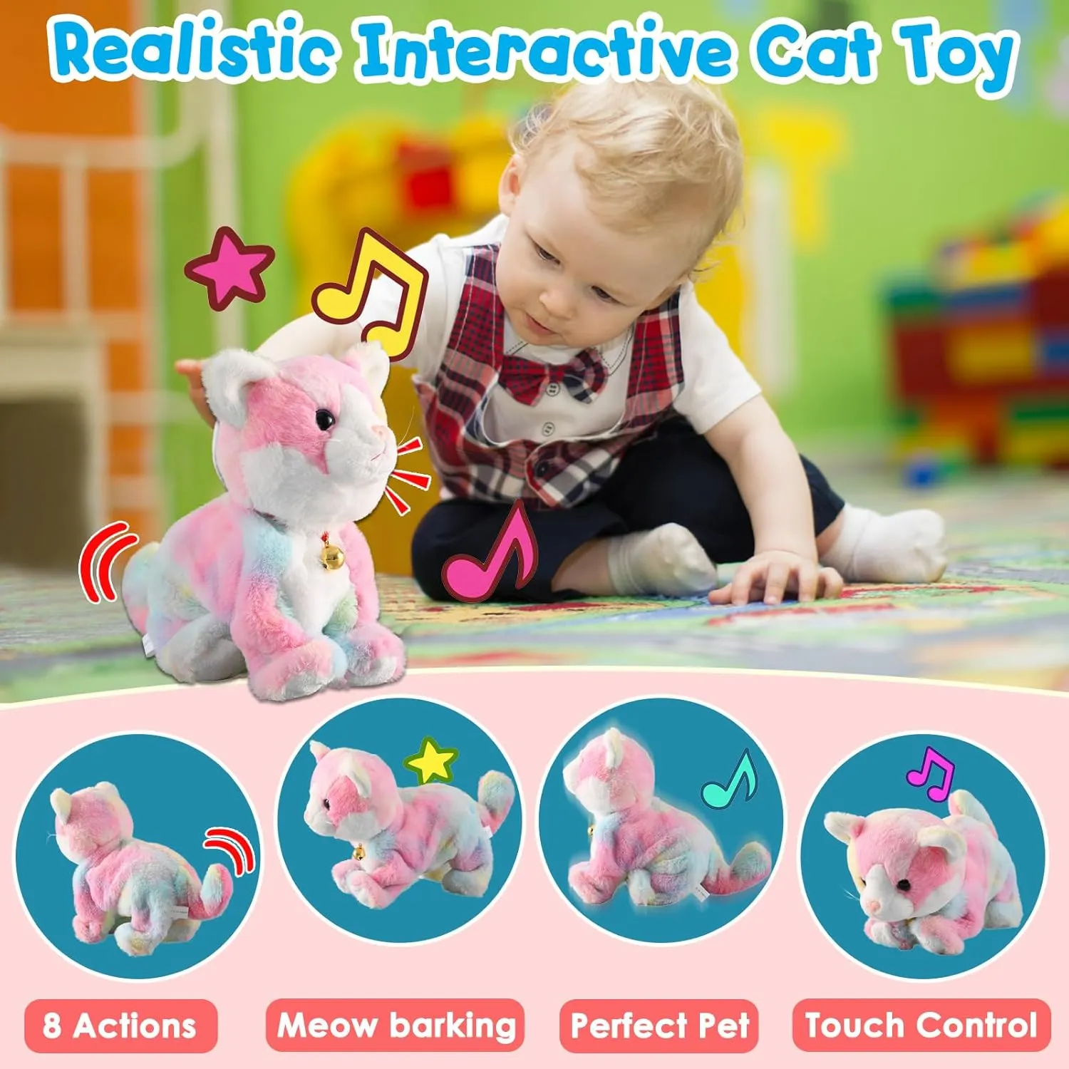 Marsjoy Colorful Robot Cat Plush Cat Stuffed Animal Interactive Cat Meow Kitten Touch Control, Electronic Cat Pet, Robotic Cat Cat Kitty Toy, Animated Toy Cats for Girls Baby Kids L:12""