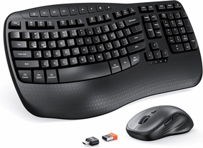 MEETION New Ergonomic Keyboard and Mouse Wireless Combo, Wave Keys Natural Typing, 2.4G Wireless Keyboard with Wrist Rest, 4 Adjustable DPI Optical Mouse, Computer/Laptop/Windows/Mac, Black