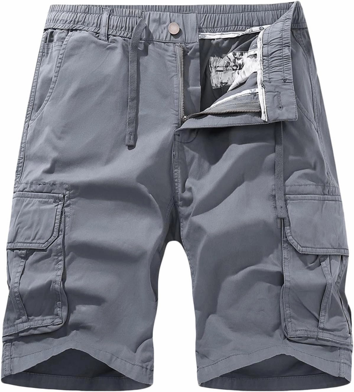Men's Casual Cotton Solid Cargo Shorts Elastic Waist Classic-Fit Stretch Golf Shorts with Multi Pockets