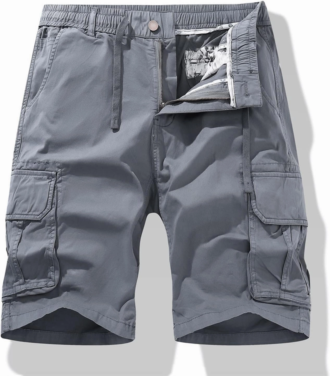 Men's Casual Cotton Solid Cargo Shorts Elastic Waist Classic-Fit Stretch Golf Shorts with Multi Pockets