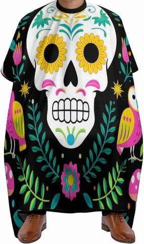 Men Women Colorful Floral Sugar Skull Bird Art Professional Salon Cape - Extra Large Hairdressing Haircut Apron for Hair Dye, Barber Aceessories
