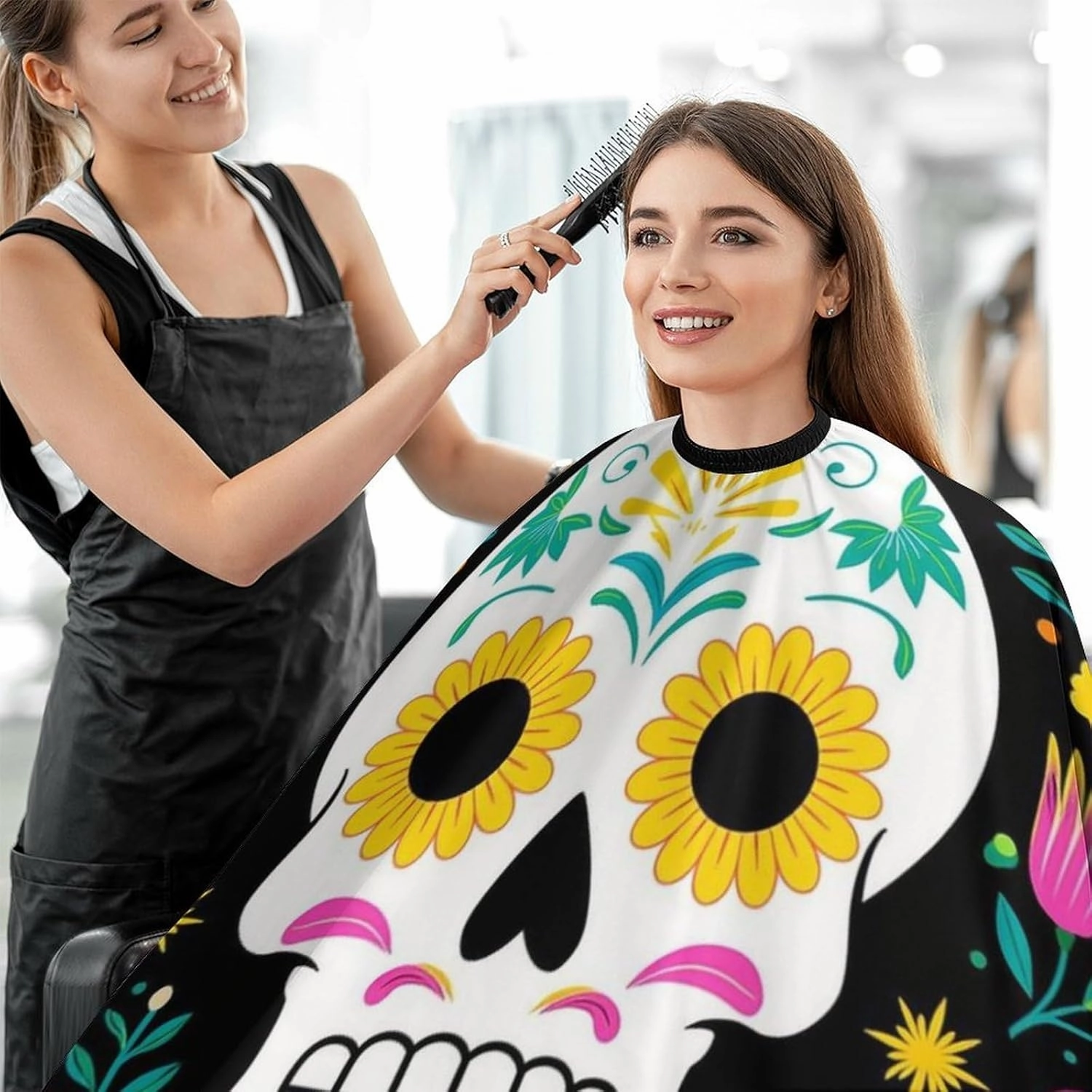 Men Women Colorful Floral Sugar Skull Bird Art Professional Salon Cape - Extra Large Hairdressing Haircut Apron for Hair Dye, Barber Aceessories