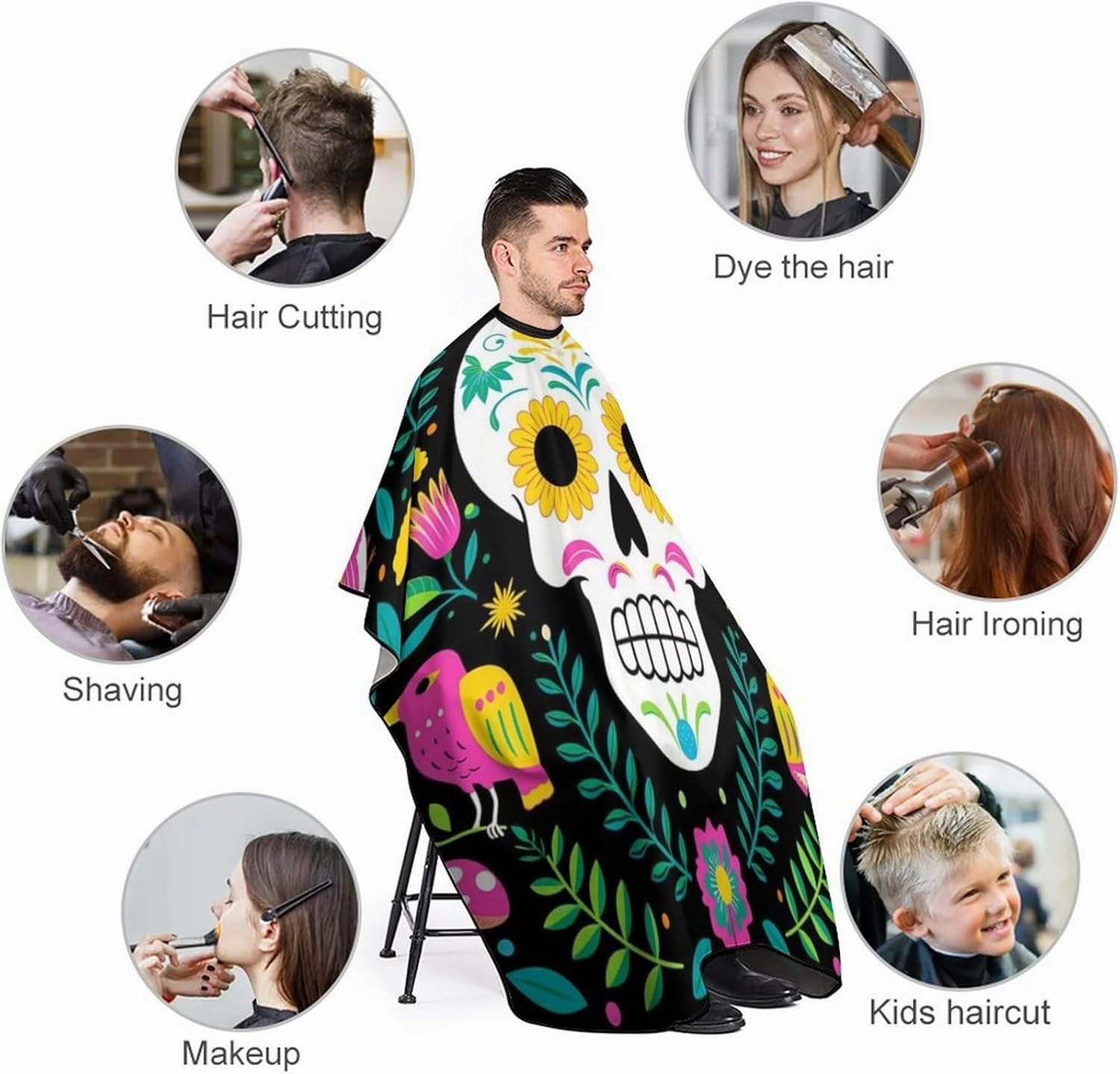 Men Women Colorful Floral Sugar Skull Bird Art Professional Salon Cape - Extra Large Hairdressing Haircut Apron for Hair Dye, Barber Aceessories