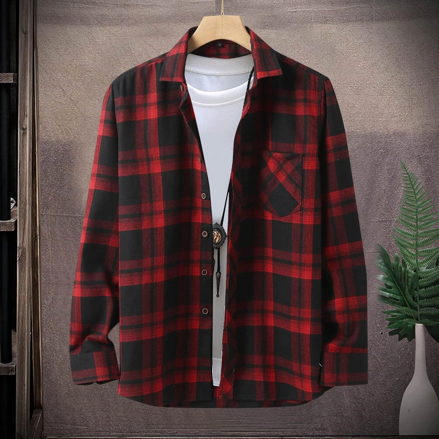 Mens Plaid Jacket Fashionable Square Printing Lightweight Breathable Long Sleeve Lapel Formal Shirt with Hood for