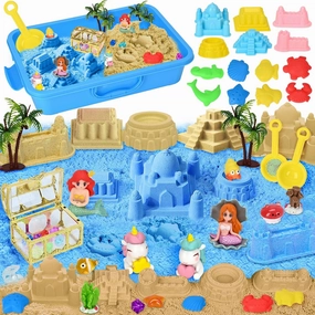Mermaid Sensory Bin Sandbox Set for Kids, Unicorn Play Sand Art Kit with 2.2 lbs Color Sand, Sea Animal Toy, Castle Moulds, Treasure Box Gemstone Dig Kit for Toddlers Boys Girls Age 3-8 Birthday Gift