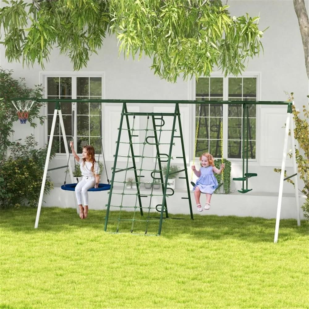 Metal Swing Sets for Backyard with - Spinning Saucer Swing, Classic Swing, Glider Swing, Basketball Hoop, Climbing Steps and climbin Swing Set Outdoor for Kids 3-8 with Heavy Duty A-Frame Blue