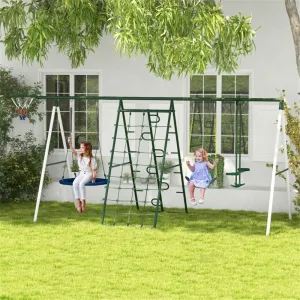 Metal Swing Sets for Backyard with - Spinning Saucer Swing, Classic Swing, Glider Swing, Basketball Hoop, Climbing Steps and climbin Swing Set Outdoor for Kids 3-8 with Heavy Duty A-Frame Blue