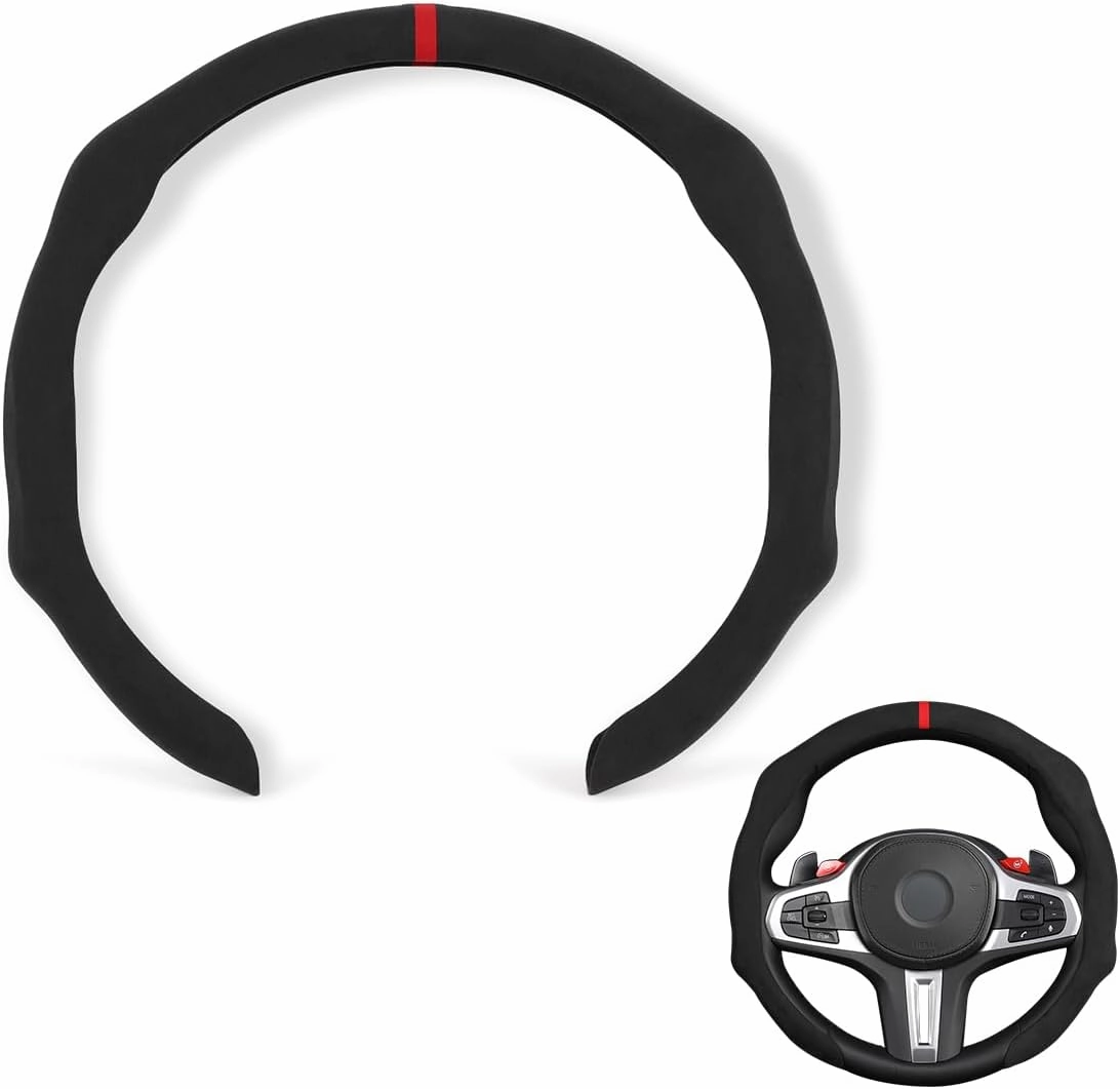 Mewant Black Alcantara Anti-Skid Car Steering Wheel Cover Steering Wheel Protector Universal 99% Car Wheel Cover Wrap Accessories (Red Marker)