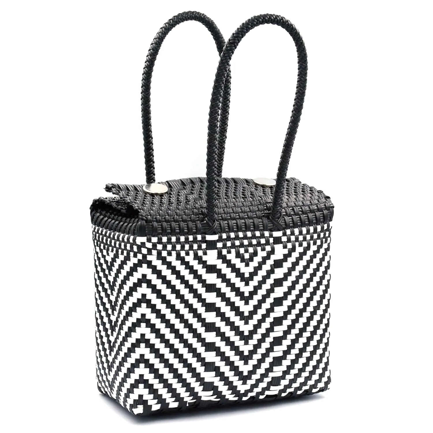 Mexican Handwoven Artisan Bag Made from Recycled Plastic - Black and White Peak-Like Patterns (Small)