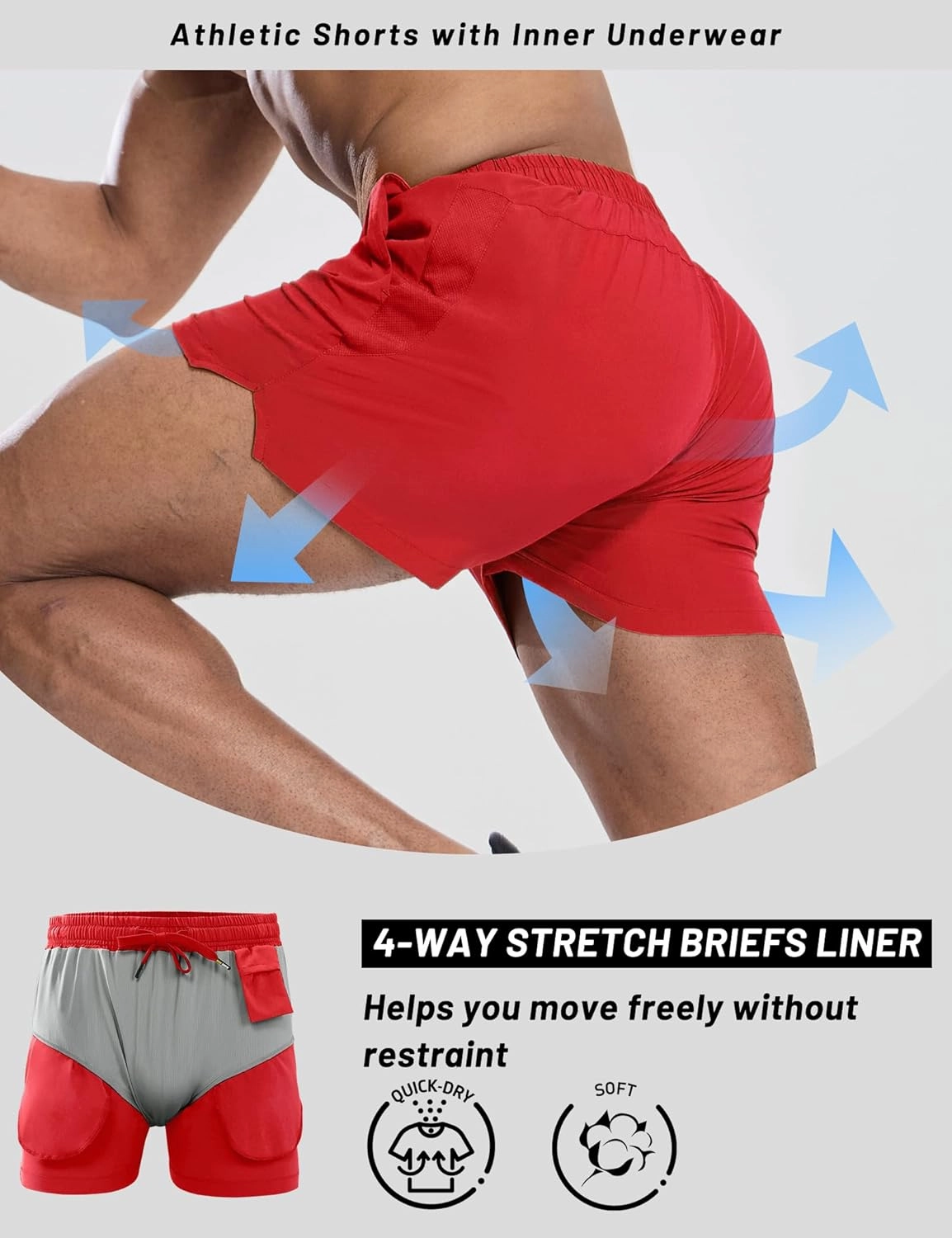 MIER Mens 3 Inch Shorts for Athletic Running Dry Fit Lightweight Workout Gym Active Shorts with Brief Liner, Pockets