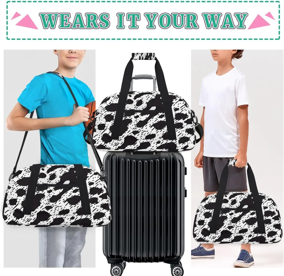 Milk Cow Print Kids Overnighter Duffel Bags for Boys, Carry-On Size Sports Gym Bag with Front Zipper Pocket for School Practice or Overnight Travel Weekender Sleepover Tote Bag