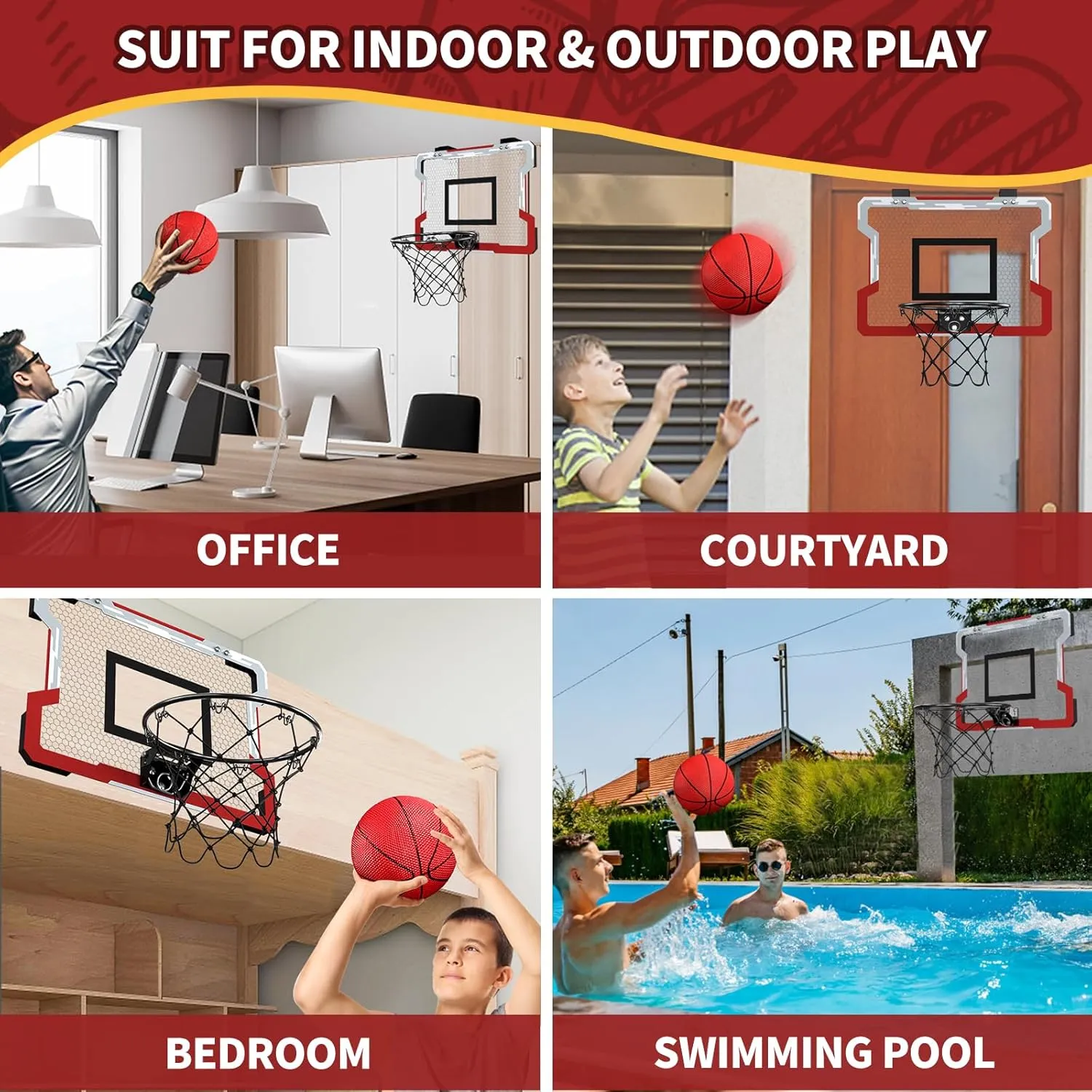 Mini Basketball Hoop Indoor, Door Basketball Hoop with 3 Balls & Inflator, Basketball Toy Gifts for Kids Boys Girls Teens Adults, Suit for Bedroom/Office/Outdoor/Pool