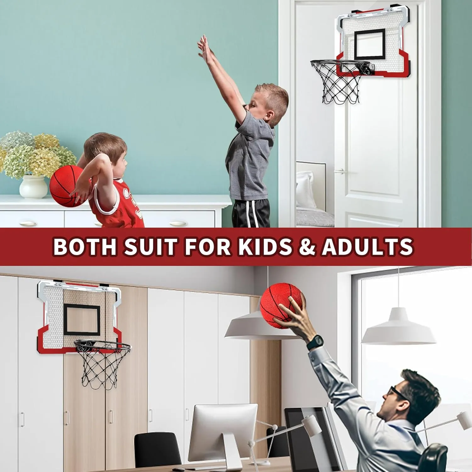 Mini Basketball Hoop Indoor, Door Basketball Hoop with 3 Balls & Inflator, Basketball Toy Gifts for Kids Boys Girls Teens Adults, Suit for Bedroom/Office/Outdoor/Pool