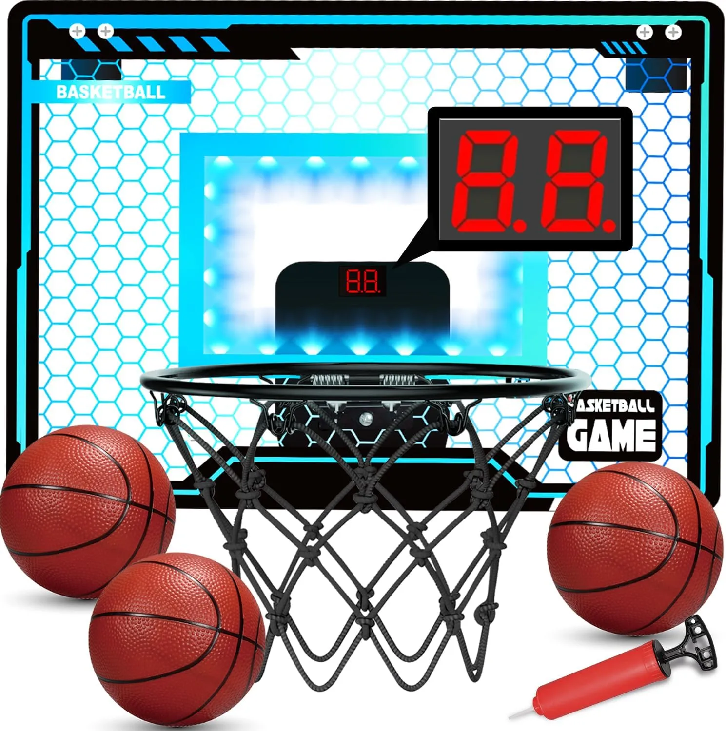 Mini Basketball Hoop Indoor for Kids, Basketball Hoop Over The Door with LED Lighting, Electronic Scoreboard & 3 Balls, Basketball Toys Gifts for 5 6 7 8 9 10 11 12 Year Old Boys Christmas