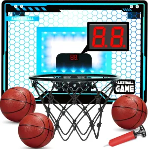 Mini Basketball Hoop Indoor for Kids, Basketball Hoop Over The Door with LED Lighting, Electronic Scoreboard & 3 Balls, Basketball Toys Gifts for 5 6 7 8 9 10 11 12 Year Old Boys Christmas