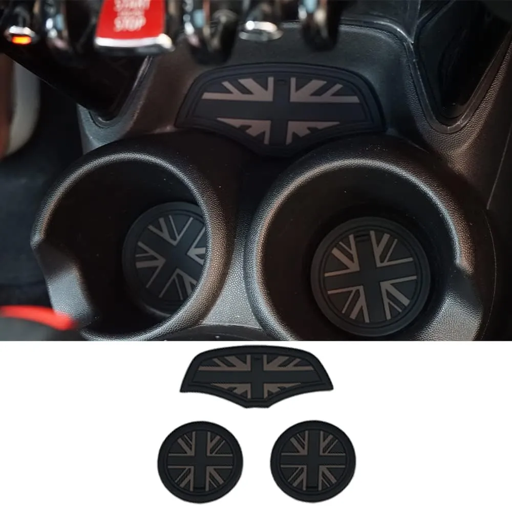 Mini F55 F56 Car Cup Coaster, Set of 3 Anti-Slip Coaster Storage Box Silicone Shockproof Mat for Mini Cooper Hatchback F55 F56 Cup Holder Car Accessories (Black Flag)