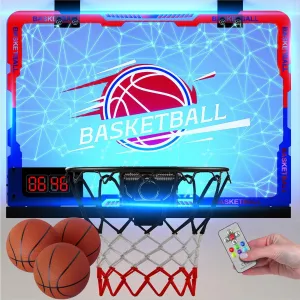 Mini Indoor Basketball Hoop with 7-Color Lights & 3-Light Effects & Scoreboard & Timer,Over The Door Bedroom Office Basketball Hoop for 5-7 8-12  Year Old Kids Boys Birthday