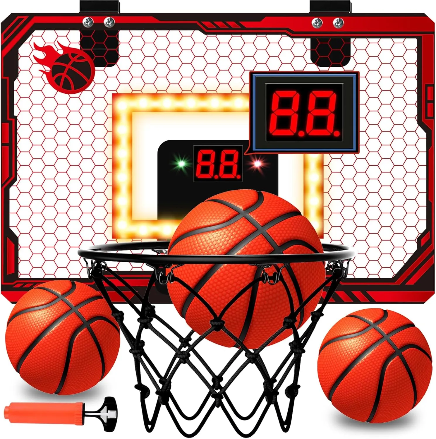 Mini Kids Basketball Hoop Indoor, Birthday Gifts for Kids, Outdoor, Wall, Red Over The Door Basketball Hoops with 3 Balls, Led Light Electronic Scoreboard, Boys Toys Age 5 6 7 8 9 10 11 12  Year Old