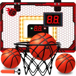 Mini Kids Basketball Hoop Indoor, Birthday Gifts for Kids, Outdoor, Wall, Red Over The Door Basketball Hoops with 3 Balls, Led Light Electronic Scoreboard, Boys Toys Age 5 6 7 8 9 10 11 12  Year Old