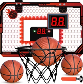Mini Basketball Hoop Indoor, Over The Door Basketball Hoops with Led Lighting, Mini Hoop with Electronic Scoreboard & 3 Balls, Outdoor, Red, Sports Toys Gifts for 5 6 7 8 9 10 11 12  Year Old Boys