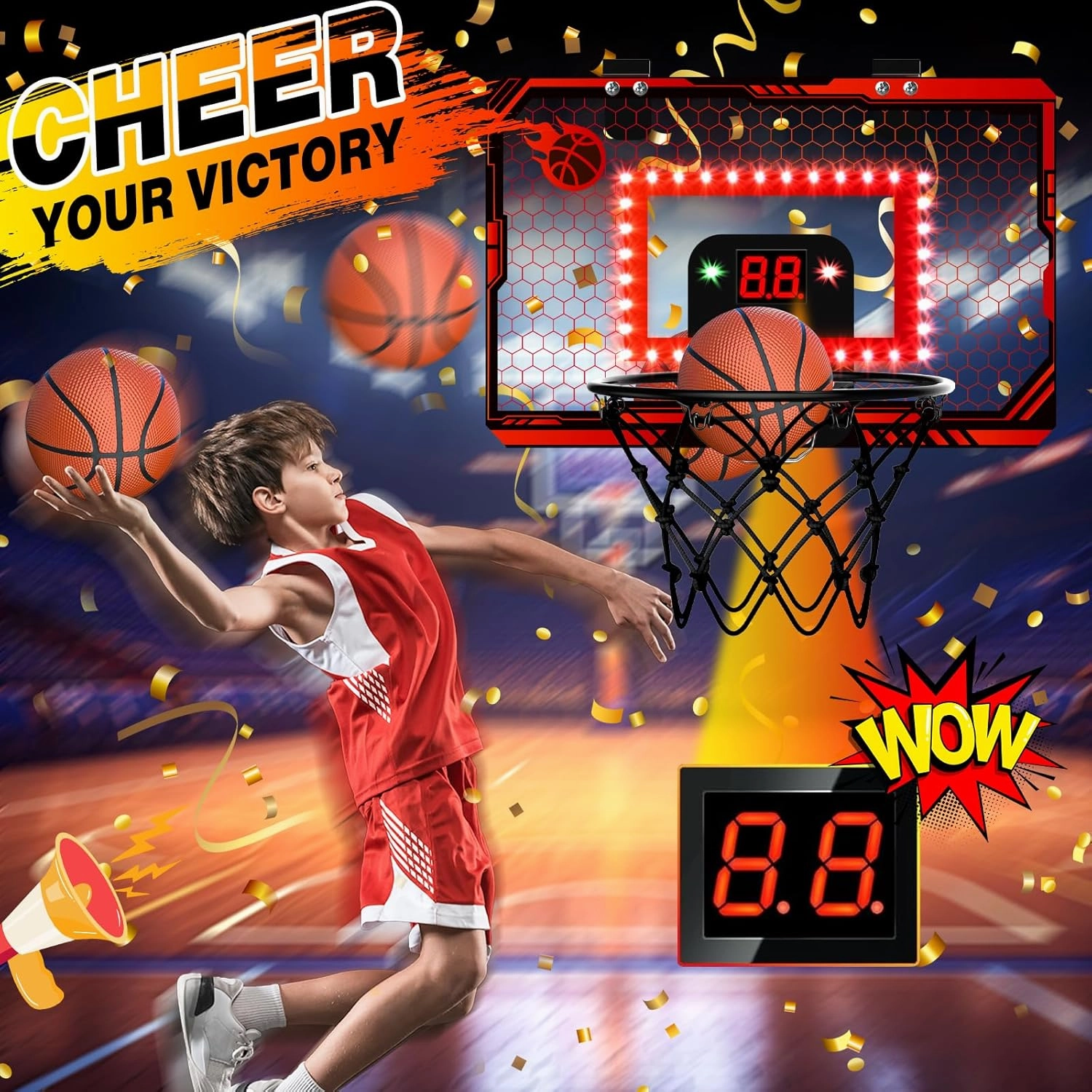 Mini Basketball Hoop Indoor, Over The Door Basketball Hoops with Led Lighting, Mini Hoop with Electronic Scoreboard & 3 Balls, Outdoor, Red, Sports Toys Gifts for 5 6 7 8 9 10 11 12  Year Old Boys