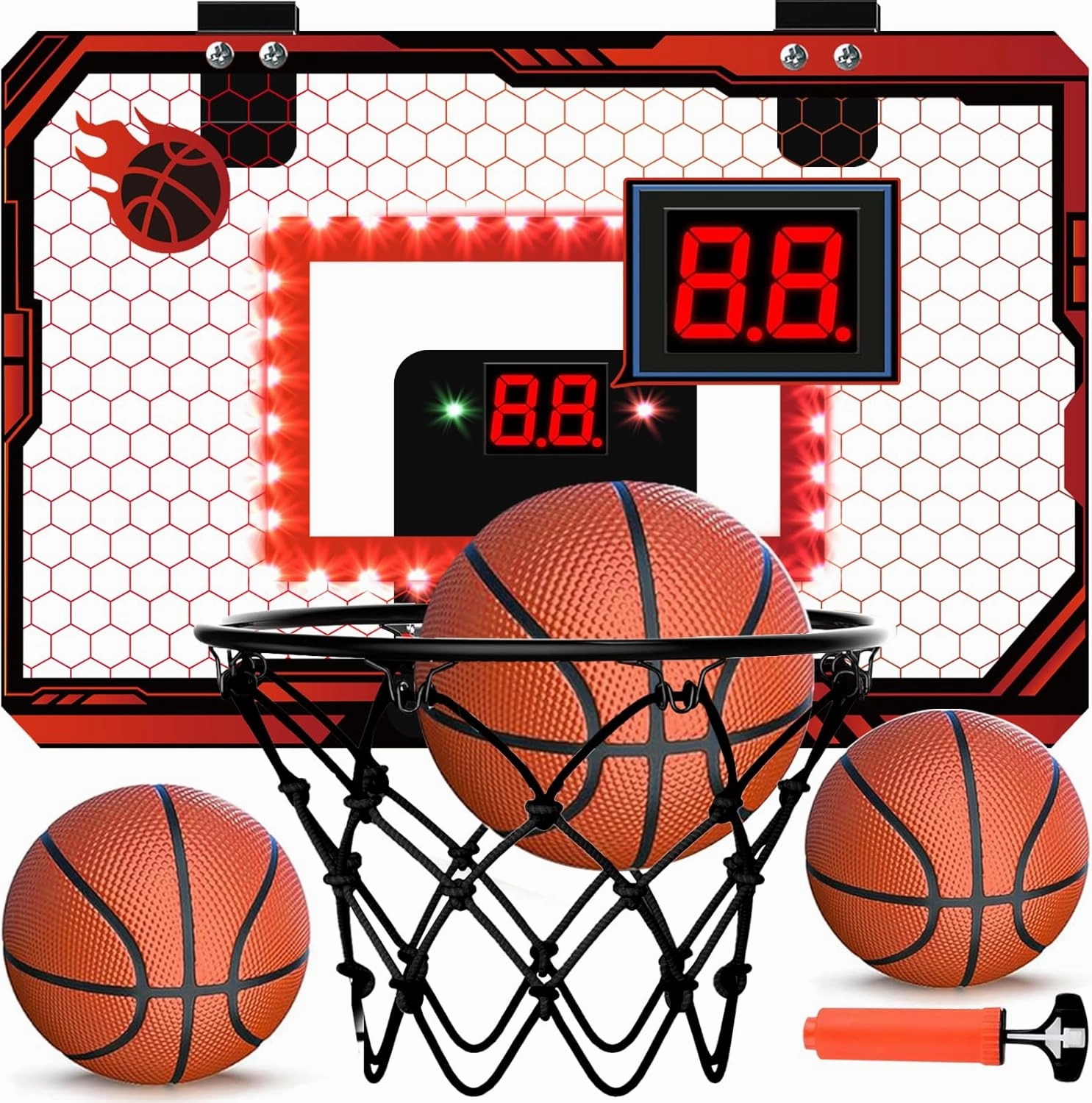 Mini Basketball Hoop Indoor, Over The Door Basketball Hoops with Led Lighting, Mini Hoop with Electronic Scoreboard & 3 Balls, Outdoor, Red, Sports Toys Gifts for 5 6 7 8 9 10 11 12  Year Old Boys