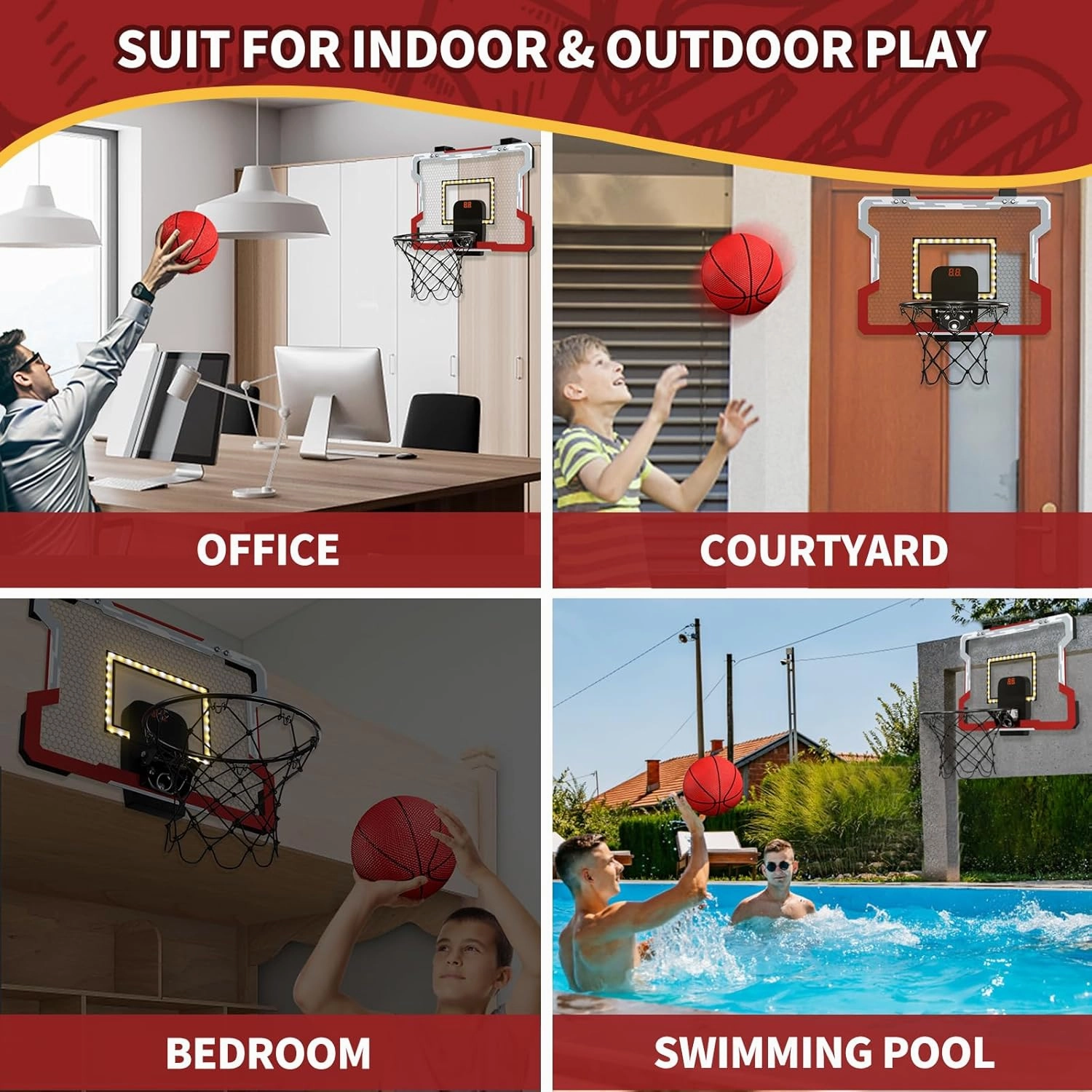 Mini Basketball Hoop Indoor with Scoreboard/LED Light, Glow in The Dark Door Basketball Hoop, Basketball Toy Gifts for Kids Boys Girls Teens Adults, Suit for Bedroom/Office/Outdoor/Pool, Red
