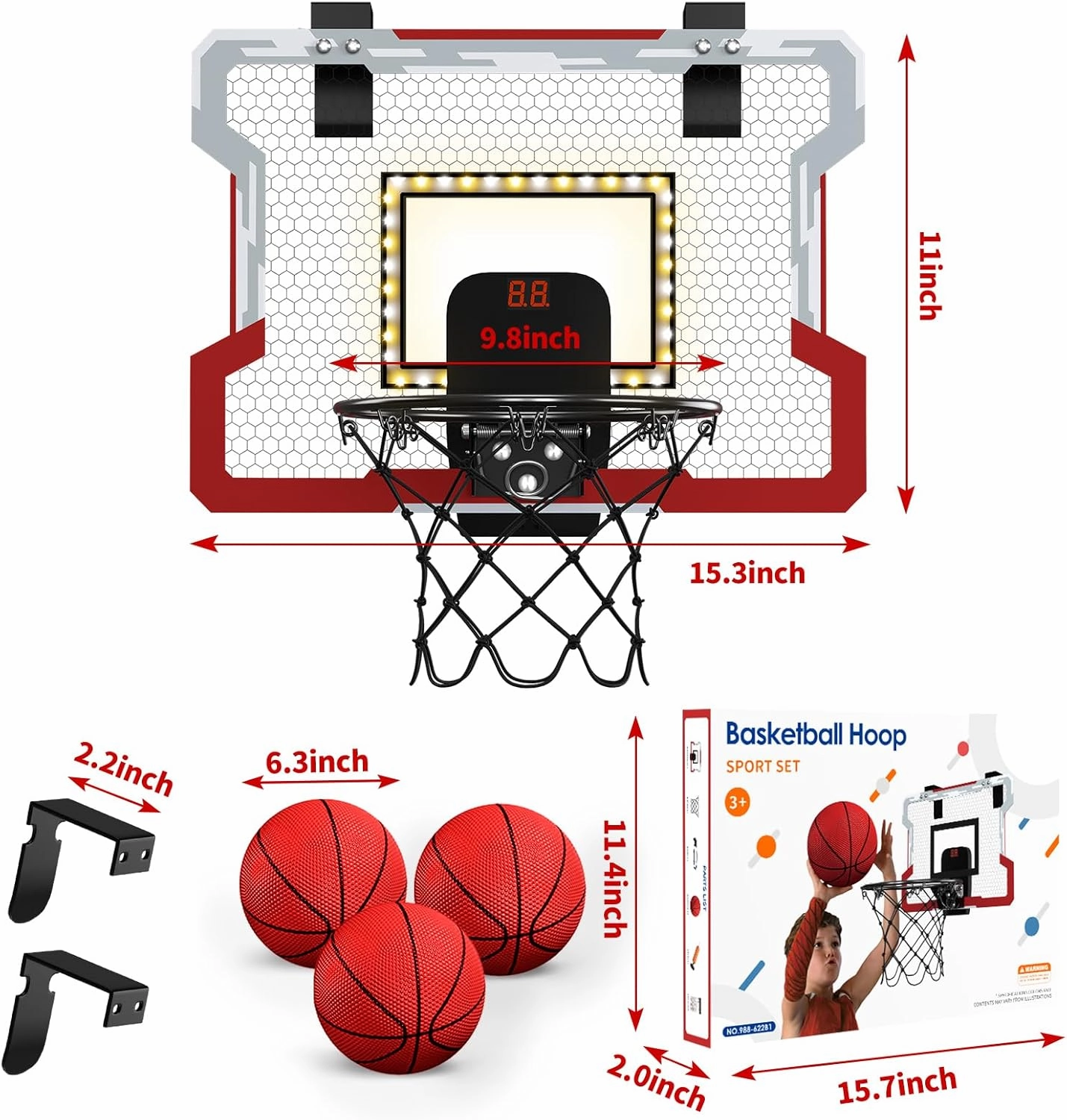 Mini Basketball Hoop Indoor with Scoreboard/LED Light, Glow in The Dark Door Basketball Hoop, Basketball Toy Gifts for Kids Boys Girls Teens Adults, Suit for Bedroom/Office/Outdoor/Pool, Red