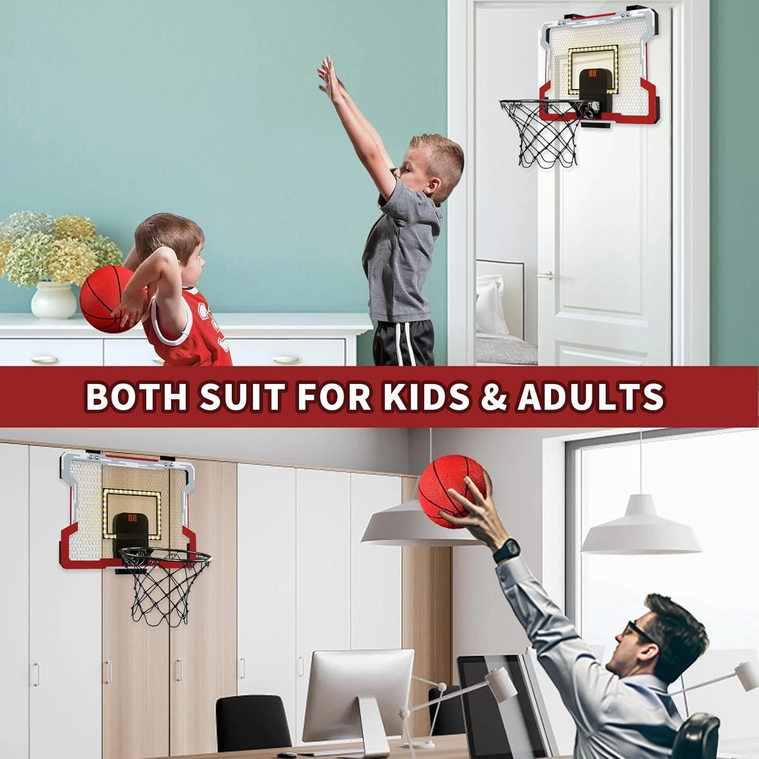 Mini Basketball Hoop Indoor with Scoreboard/LED Light, Glow in The Dark Door Basketball Hoop, Basketball Toy Gifts for Kids Boys Girls Teens Adults, Suit for Bedroom/Office/Outdoor/Pool, Red