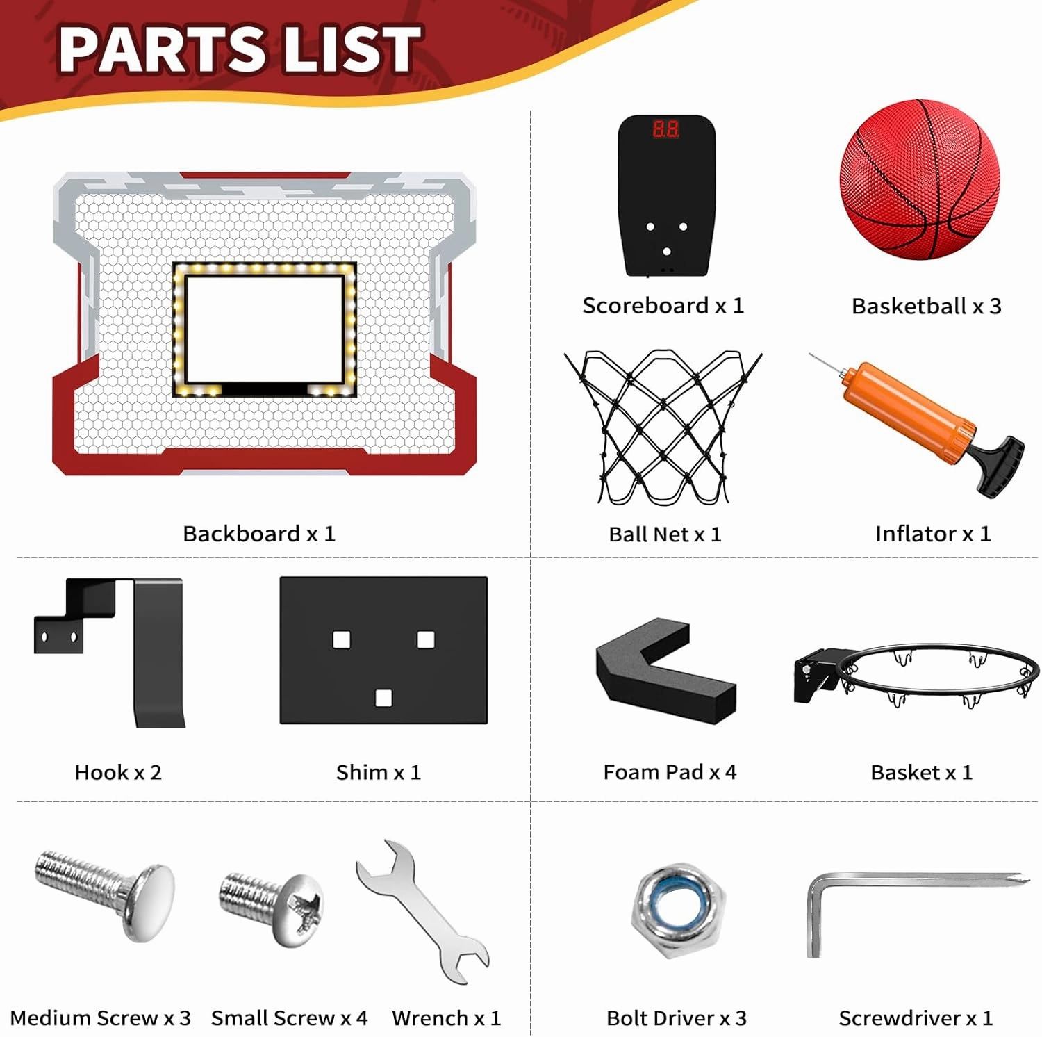 Mini Basketball Hoop Indoor with Scoreboard/LED Light, Glow in The Dark Door Basketball Hoop, Basketball Toy Gifts for Kids Boys Girls Teens Adults, Suit for Bedroom/Office/Outdoor/Pool, Red