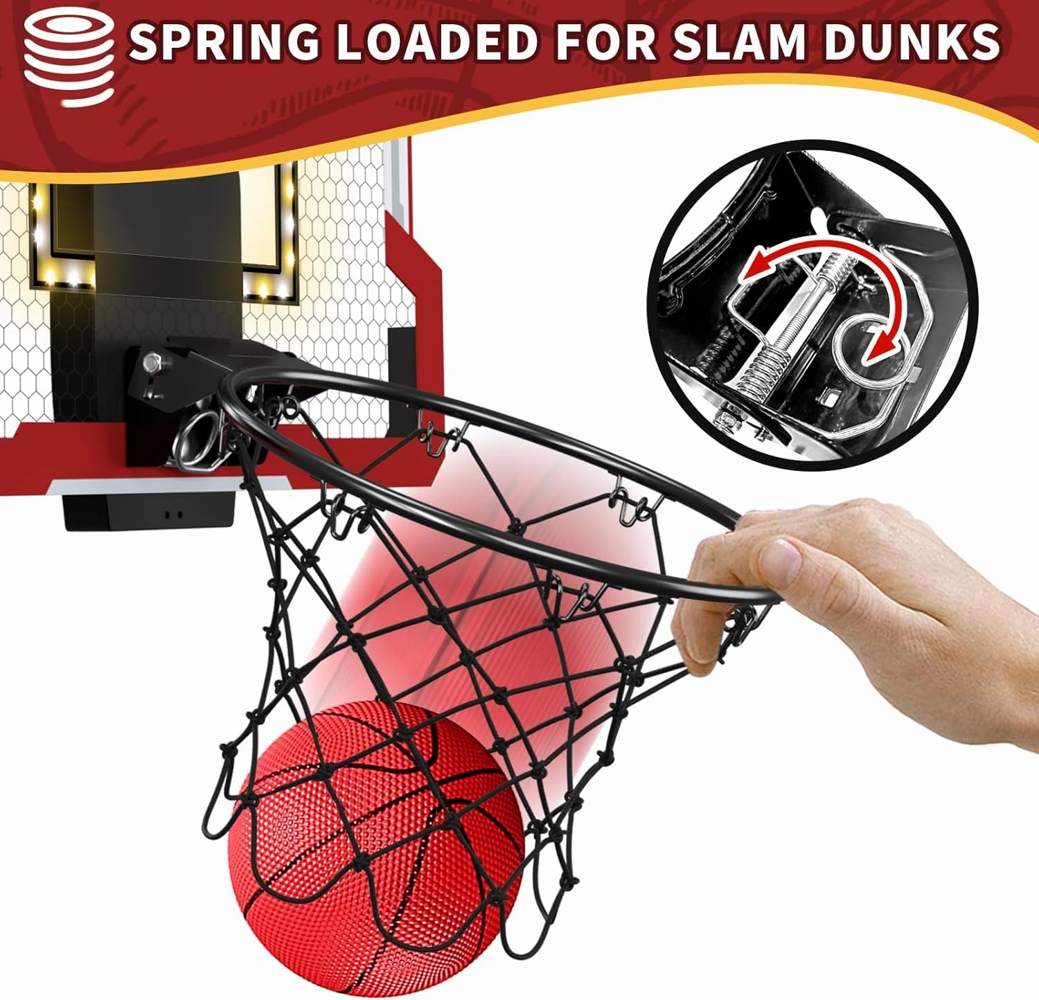 Mini Basketball Hoop Indoor with Scoreboard/LED Light, Glow in The Dark Door Basketball Hoop, Basketball Toy Gifts for Kids Boys Girls Teens Adults, Suit for Bedroom/Office/Outdoor/Pool, Red