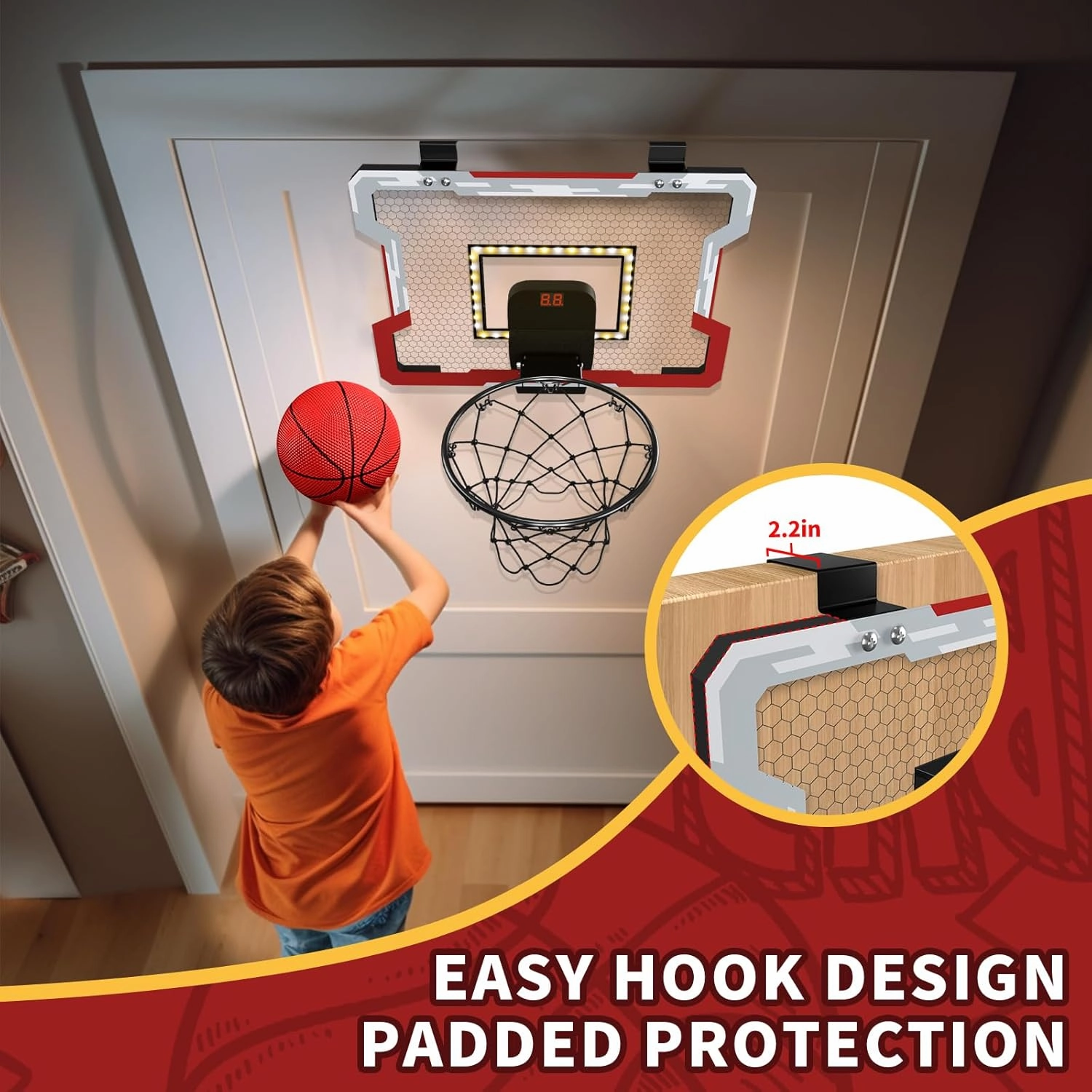 Mini Basketball Hoop Indoor with Scoreboard/LED Light, Glow in The Dark Door Basketball Hoop, Basketball Toy Gifts for Kids Boys Girls Teens Adults, Suit for Bedroom/Office/Outdoor/Pool, Red