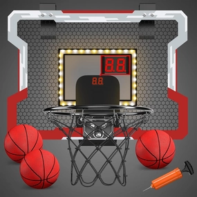 Mini Basketball Hoop Indoor with Scoreboard/LED Light, Glow in The Dark Door Basketball Hoop, Basketball Toy Gifts for Kids Boys Girls Teens Adults, Suit for Bedroom/Office/Outdoor/Pool, Red