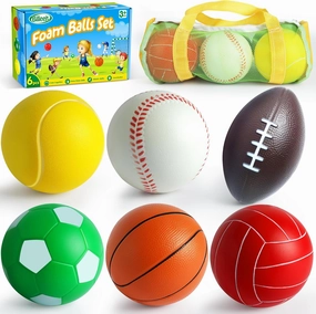 Mini Sports Balls Set for Toddler 1-3, Sports Bag for Kids, Include 1 Each of 3.5" Foam Soccer, Tennis Ball, Basketball, Football, Baseball, Volleyball, Fun Baby Ball Toys, Set of 6