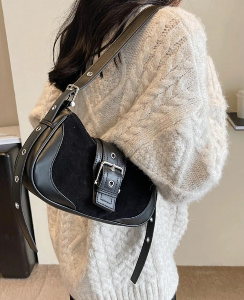 Mini Suede Shoulder Bag for Women Retro Crescent Purse Y2K Underarm Purse Hobo Handbag Crossbody Bag with Adjustable Strap