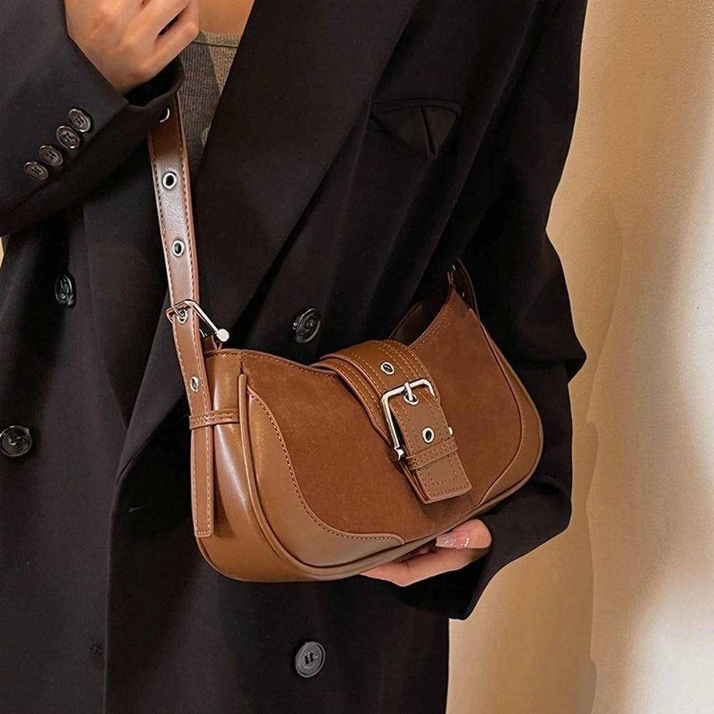 Mini Suede Shoulder Bag for Women Retro Crescent Purse Y2K Underarm Purse Hobo Handbag Crossbody Bag with Adjustable Strap