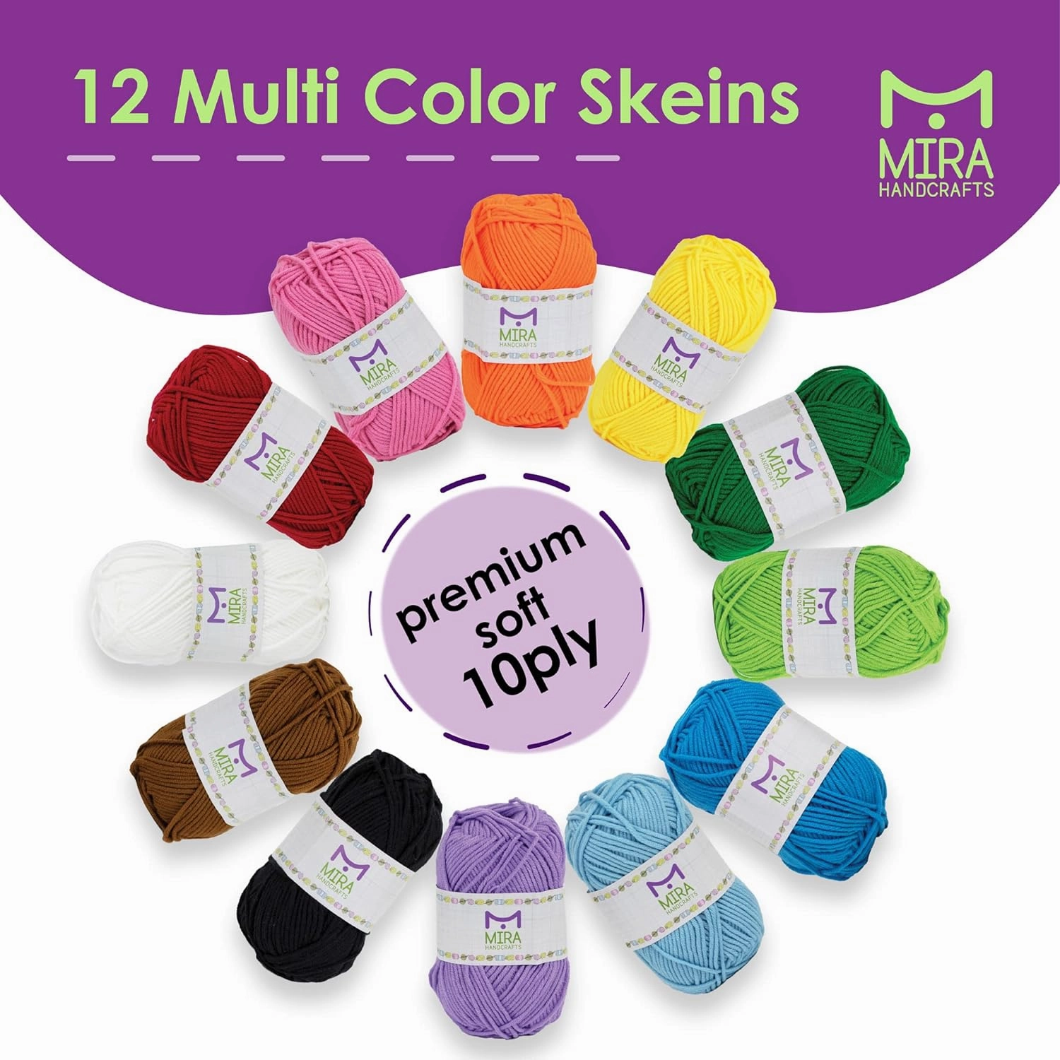 Mira HandCrafts 12 Acrylic Yarn Skeins - Crochet and Knitting Starter Kit for Colorful Arts and Crafts with 1,312 Yards of Multicolored Thread - Make Amigurumi, Granny Squares, Scarves, and Throws