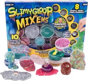 Mix'Ems by Horizon Group USA-Mix & Create 10 Different Gooey, Putty, Slime with Pompoms, Sequins, Confetti & 3 Mystery Collectibles, Multicolor, One Size