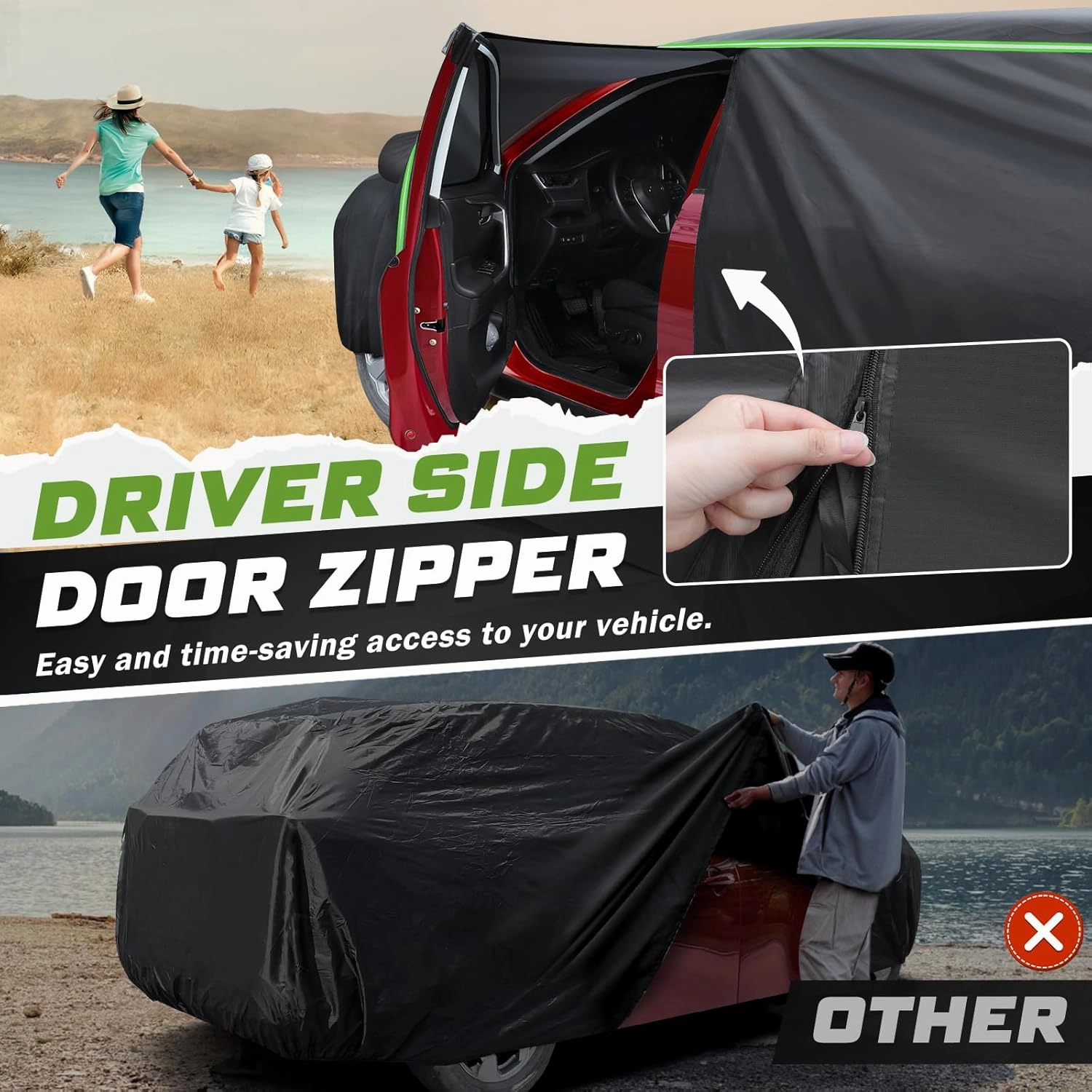 Mixsuper Liner Car Cover for Chrysler Pacifica 1999-2025, Waterproof Car Cover Accessories for Pacifica with Zipper Door, Windproof Straps, Reflective Strips, Anti-UV, All Weather