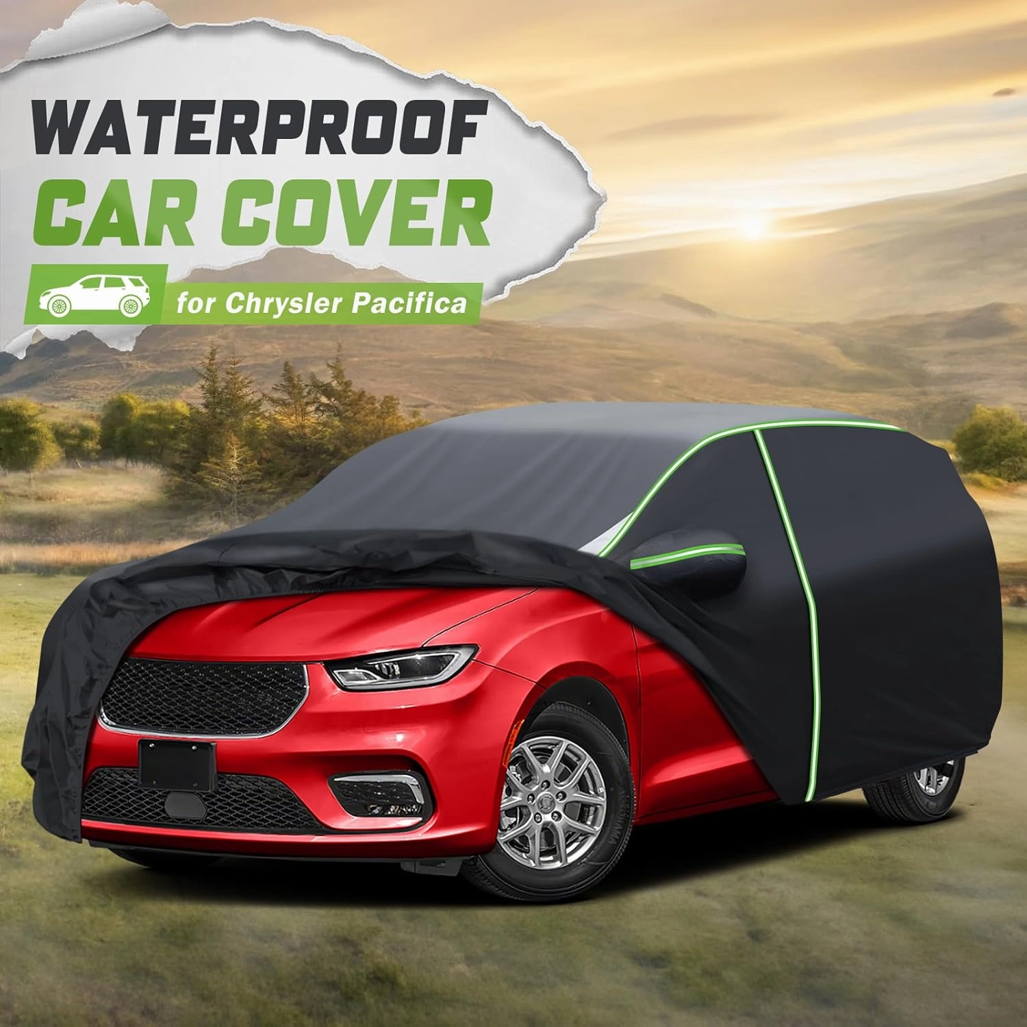 Mixsuper Liner Car Cover for Chrysler Pacifica 1999-2025, Waterproof Car Cover Accessories for Pacifica with Zipper Door, Windproof Straps, Reflective Strips, Anti-UV, All Weather
